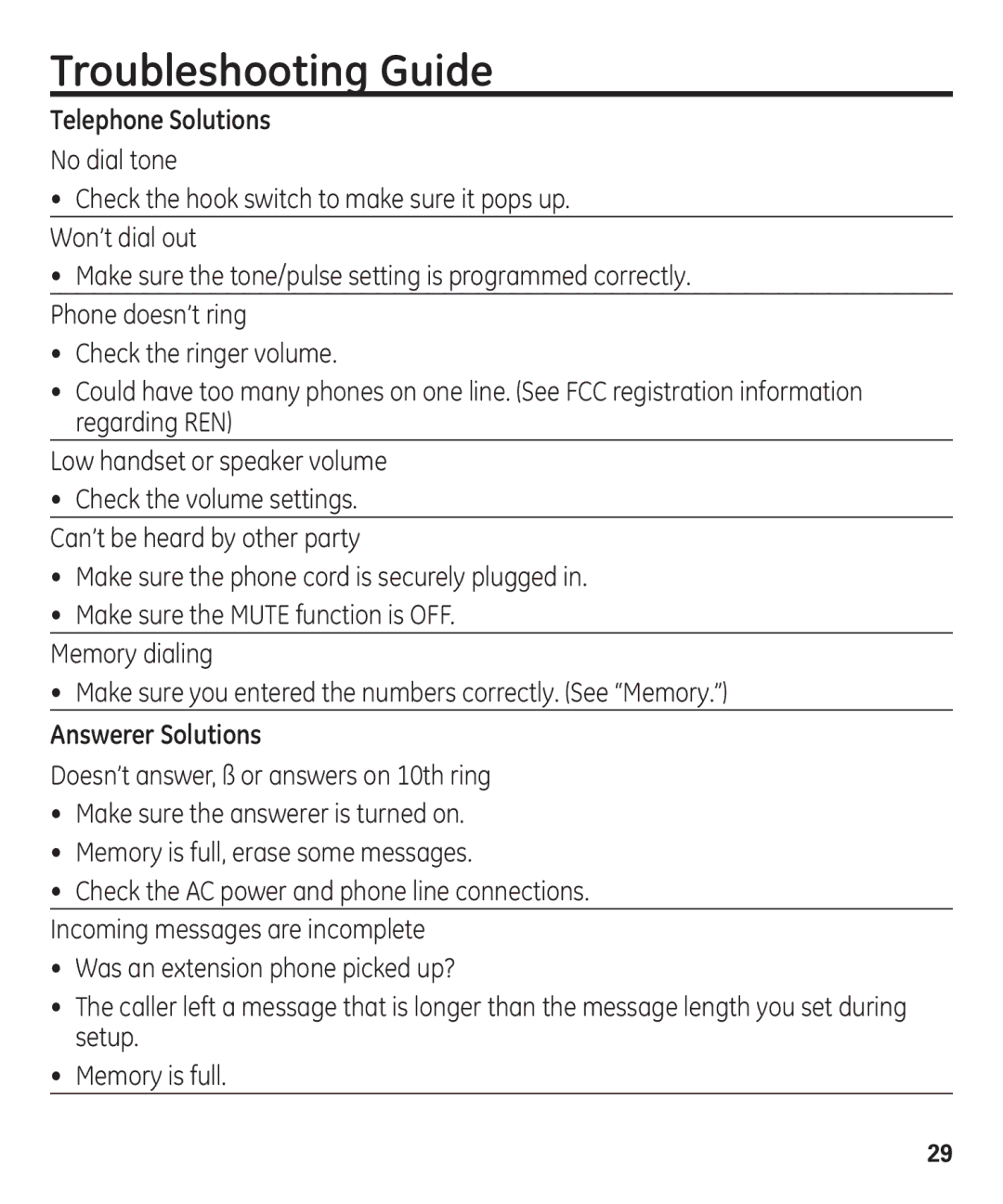 GE 55927740 manual Troubleshooting Guide, Telephone Solutions 