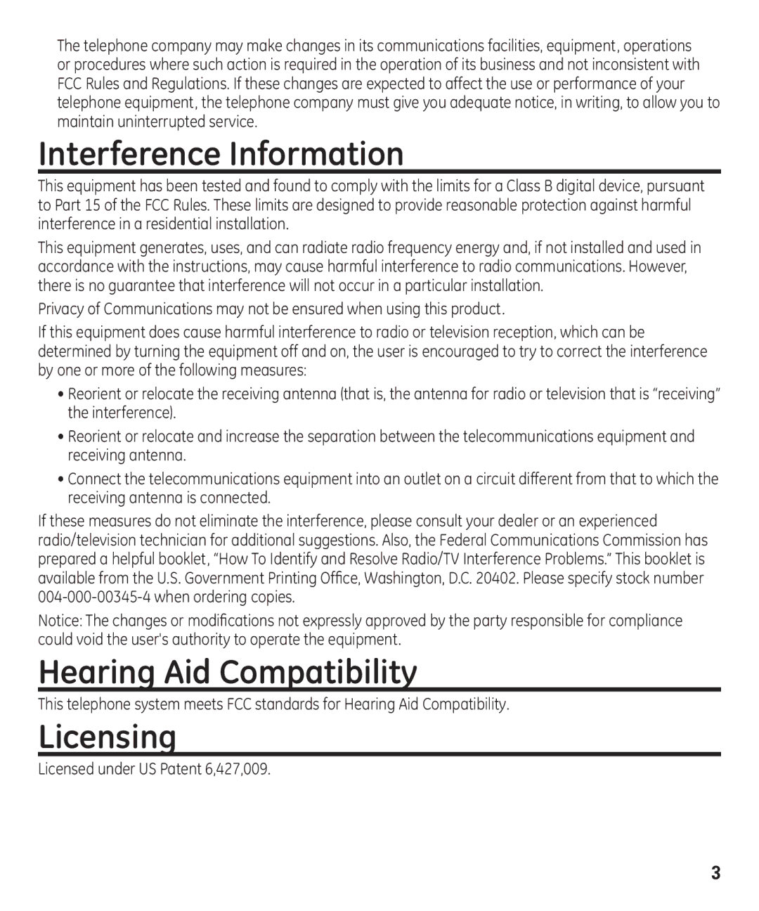 GE 55927740 manual Interference Information, Hearing Aid Compatibility, Licensing 