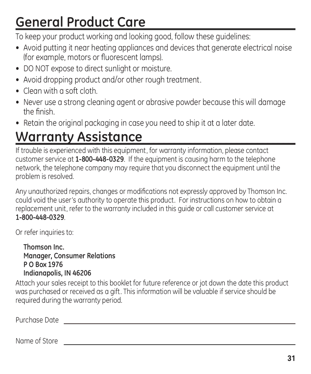 GE 55927740 manual General Product Care, Warranty Assistance, Thomson Inc Manager, Consumer Relations Box Indianapolis 