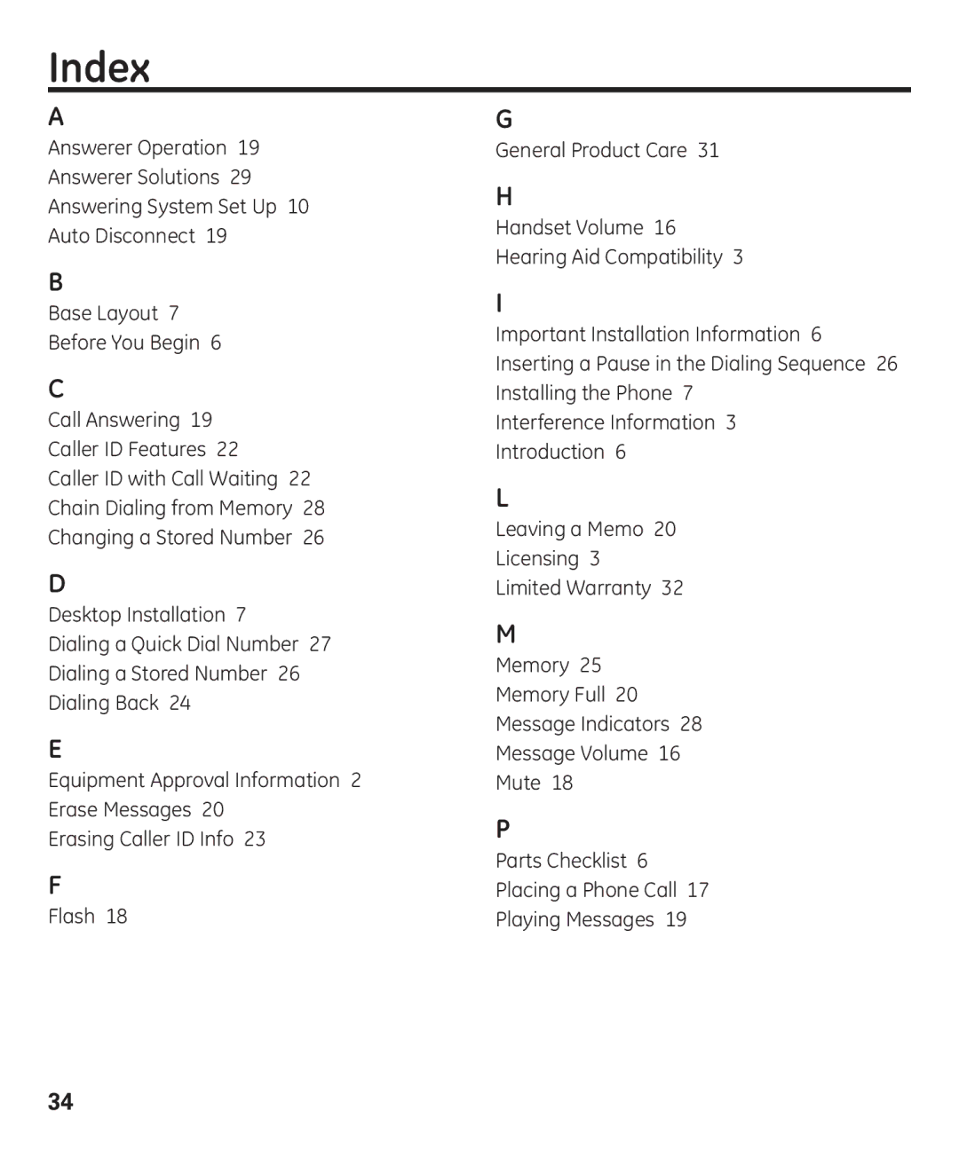 GE 55927740 manual Index 