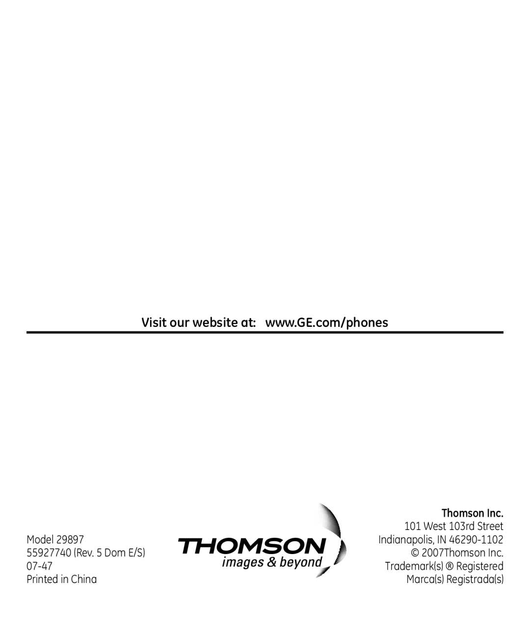 GE 55927740 manual Thomson Inc 