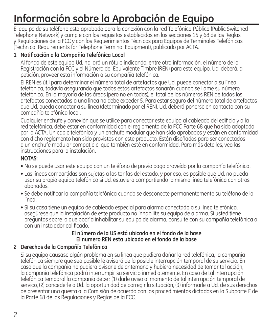 GE 55927740 manual Información sobre la Aprobación de Equipo, Notificación a la Compañía Telefónica Local 