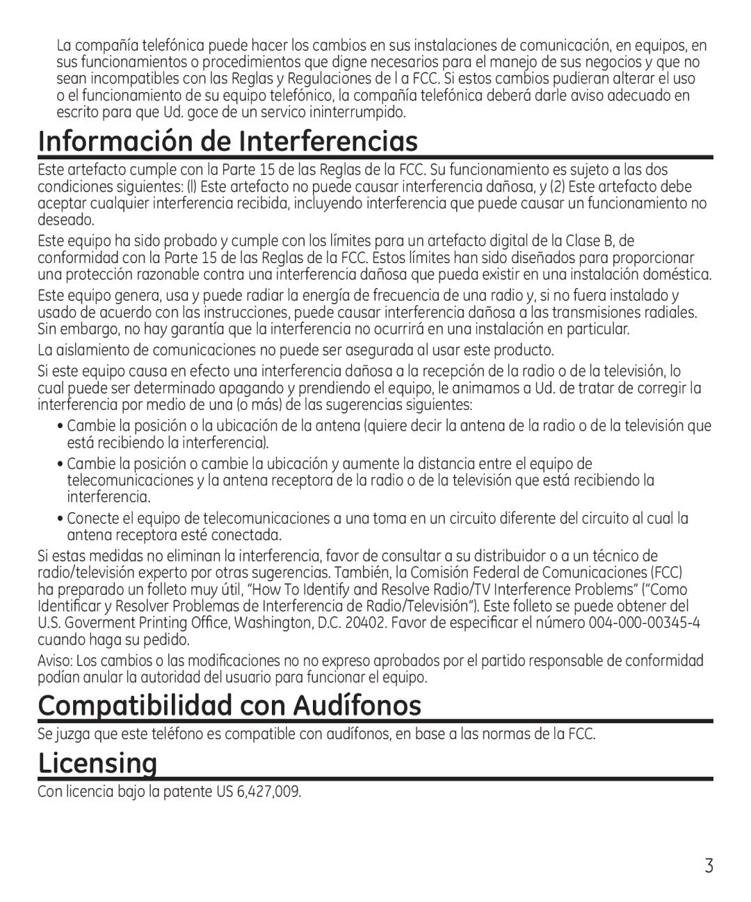 GE 55927740 manual Información de Interferencias, Compatibilidad con Audífonos, Licensing 