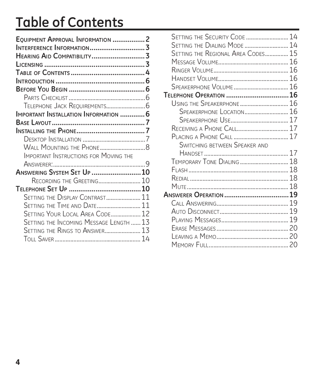 GE 55927740 manual Table of Contents 