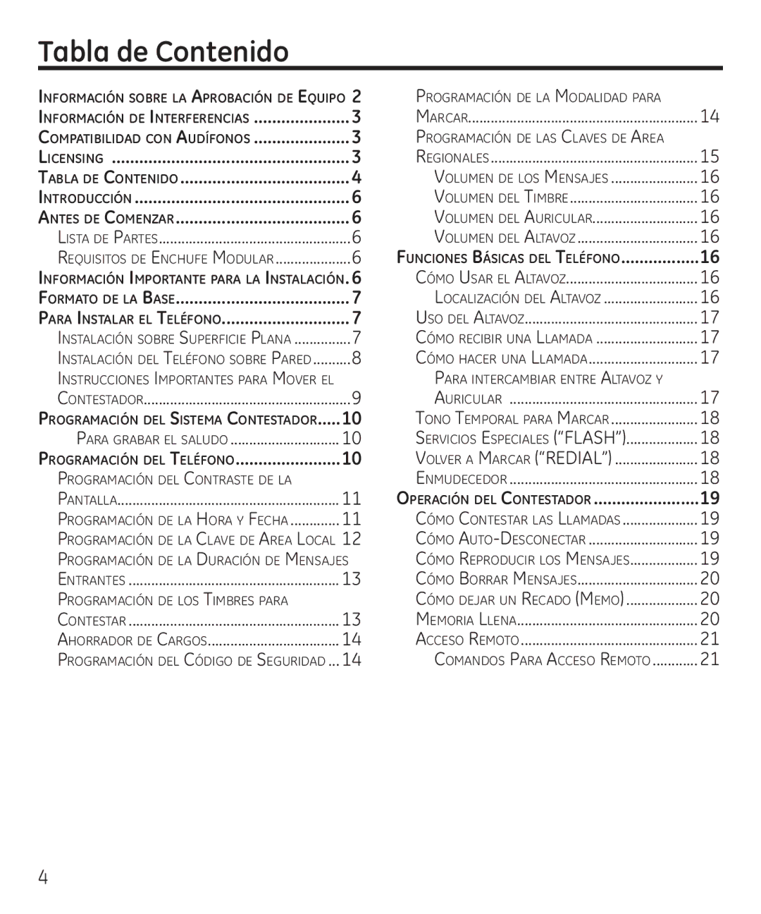 GE 55927740 manual Tabla de Contenido 