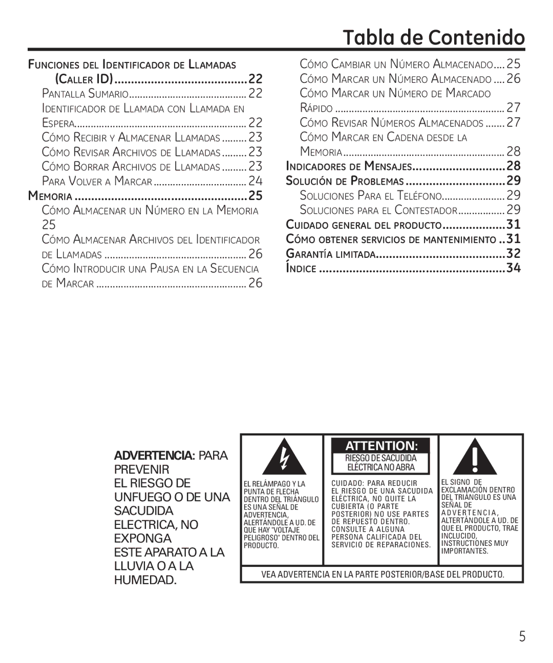 GE 55927740 manual Aller ID, Ndicadores de M ensajes, Olución de P roblemas, Arantía limitada 