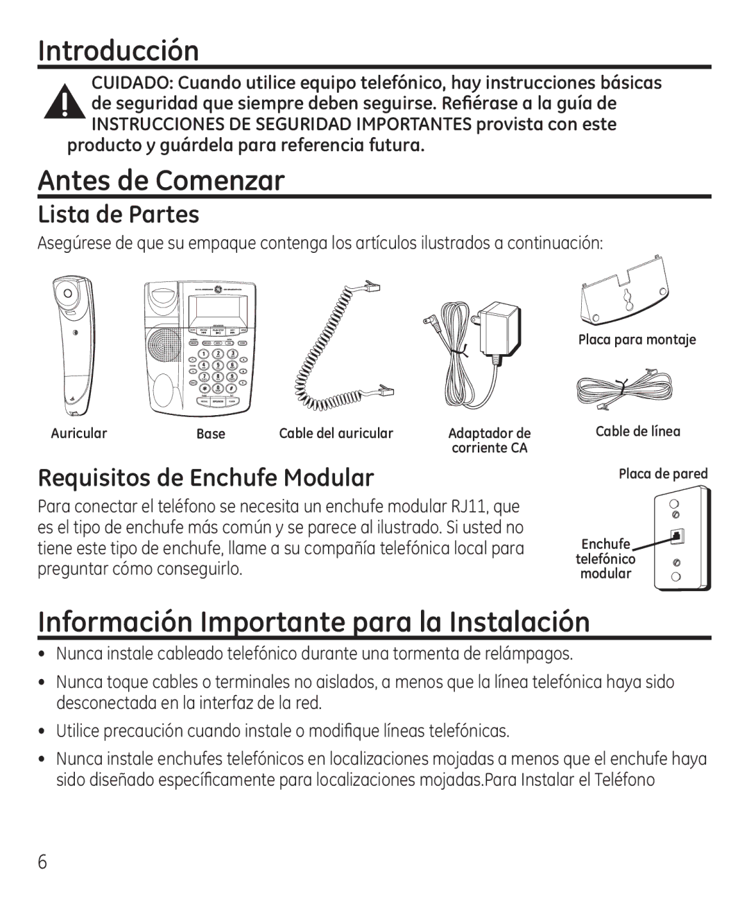 GE 55927740 manual Introducción, Antes de Comenzar, Información Importante para la Instalación, Lista de Partes 