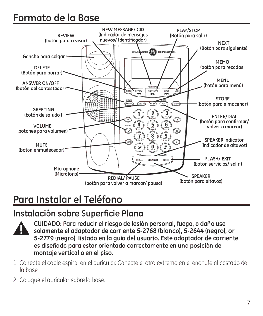 GE 55927740 manual Formato de la Base, Para Instalar el Teléfono, Instalación sobre Superficie Plana 