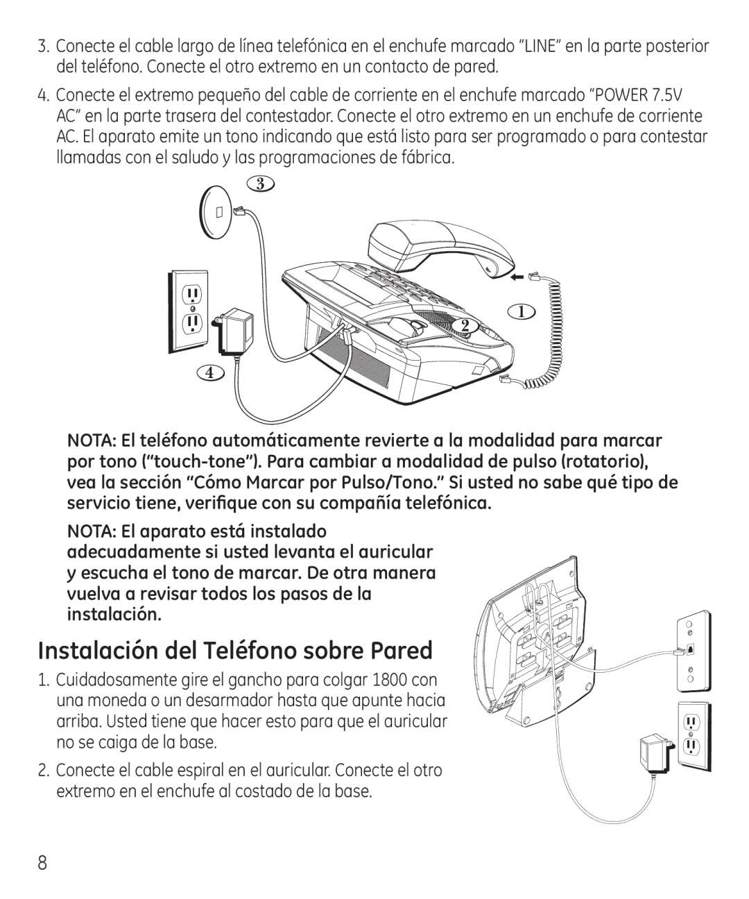 GE 55927740 manual Instalación del Teléfono sobre Pared 