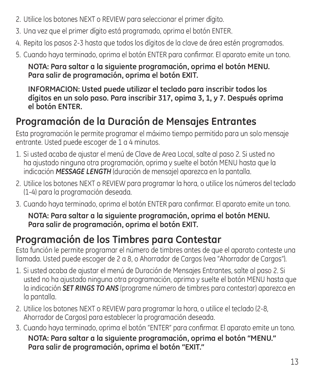 GE 55927740 manual Programación de la Duración de Mensajes Entrantes, Programación de los Timbres para Contestar 