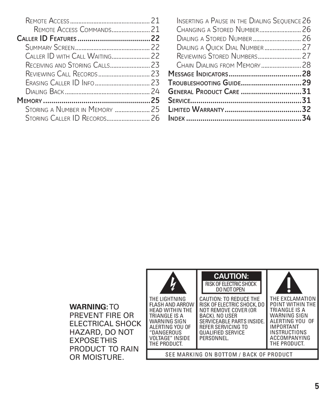 GE 55927740 manual Caller ID Features, Limited Warranty 