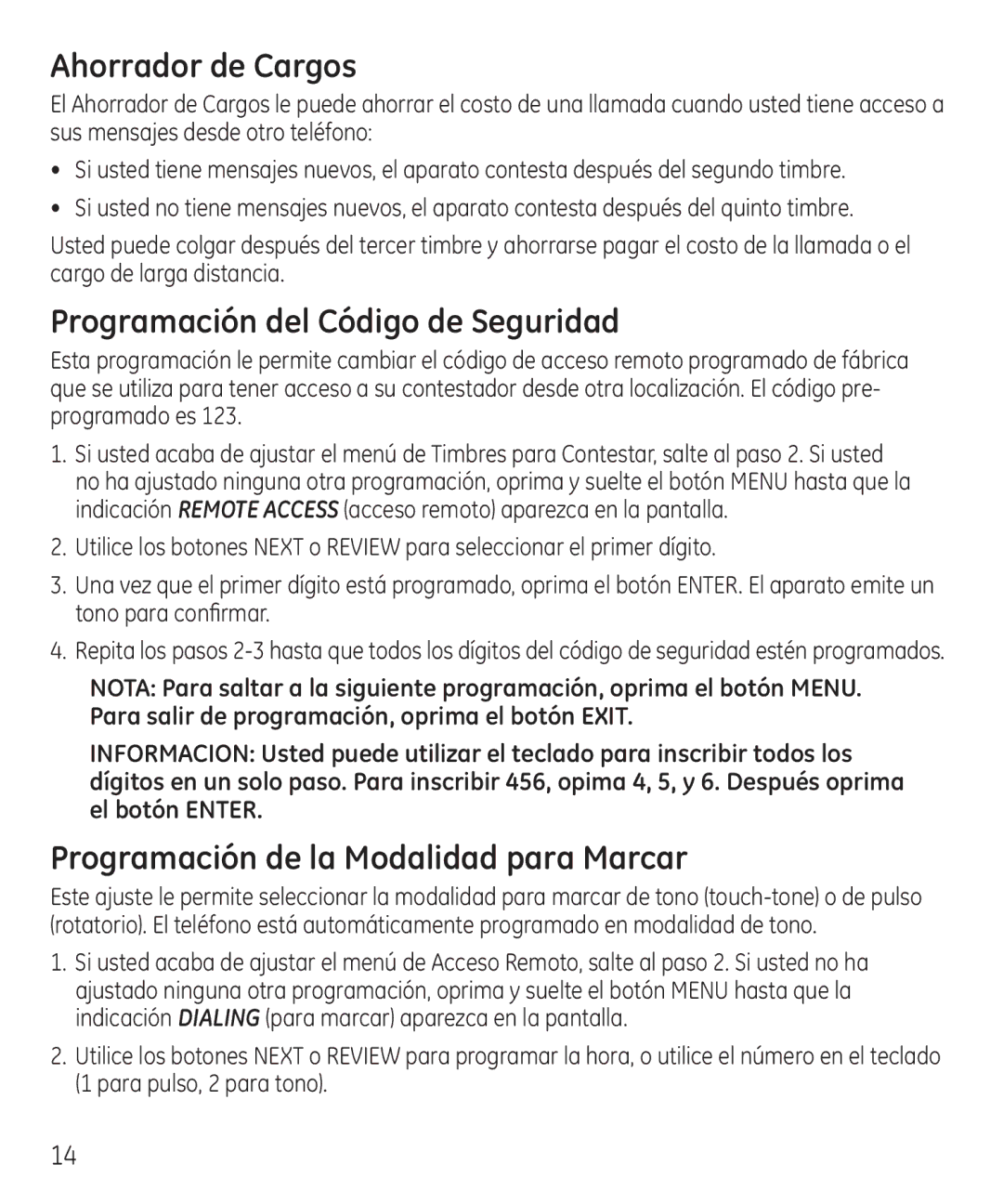 GE 55927740 manual Ahorrador de Cargos, Programación del Código de Seguridad, Programación de la Modalidad para Marcar 