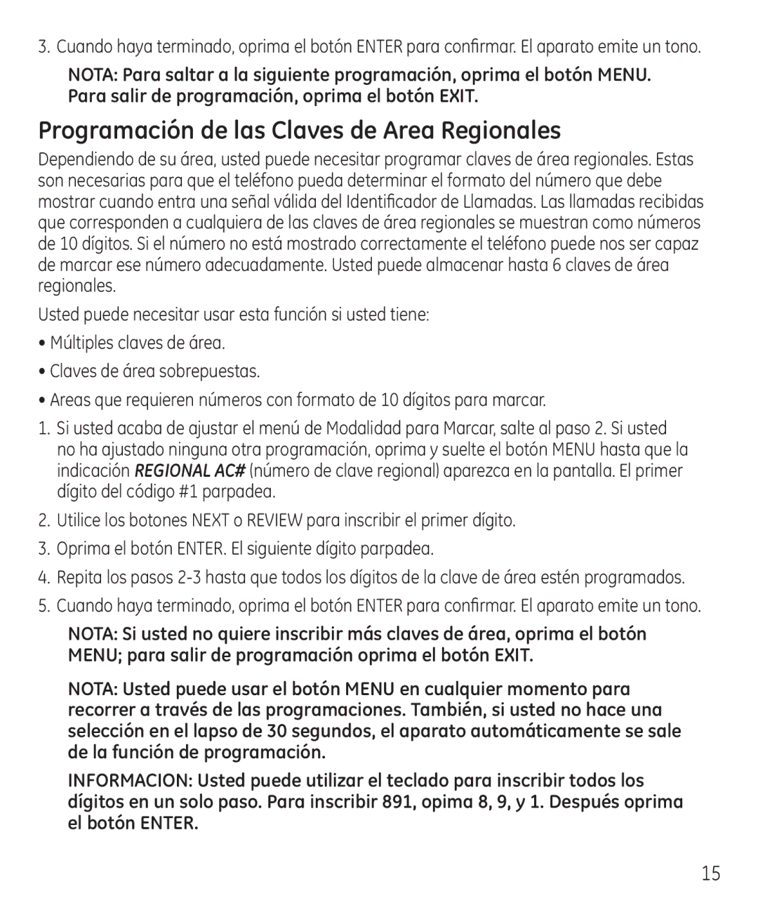 GE 55927740 manual Programación de las Claves de Area Regionales 