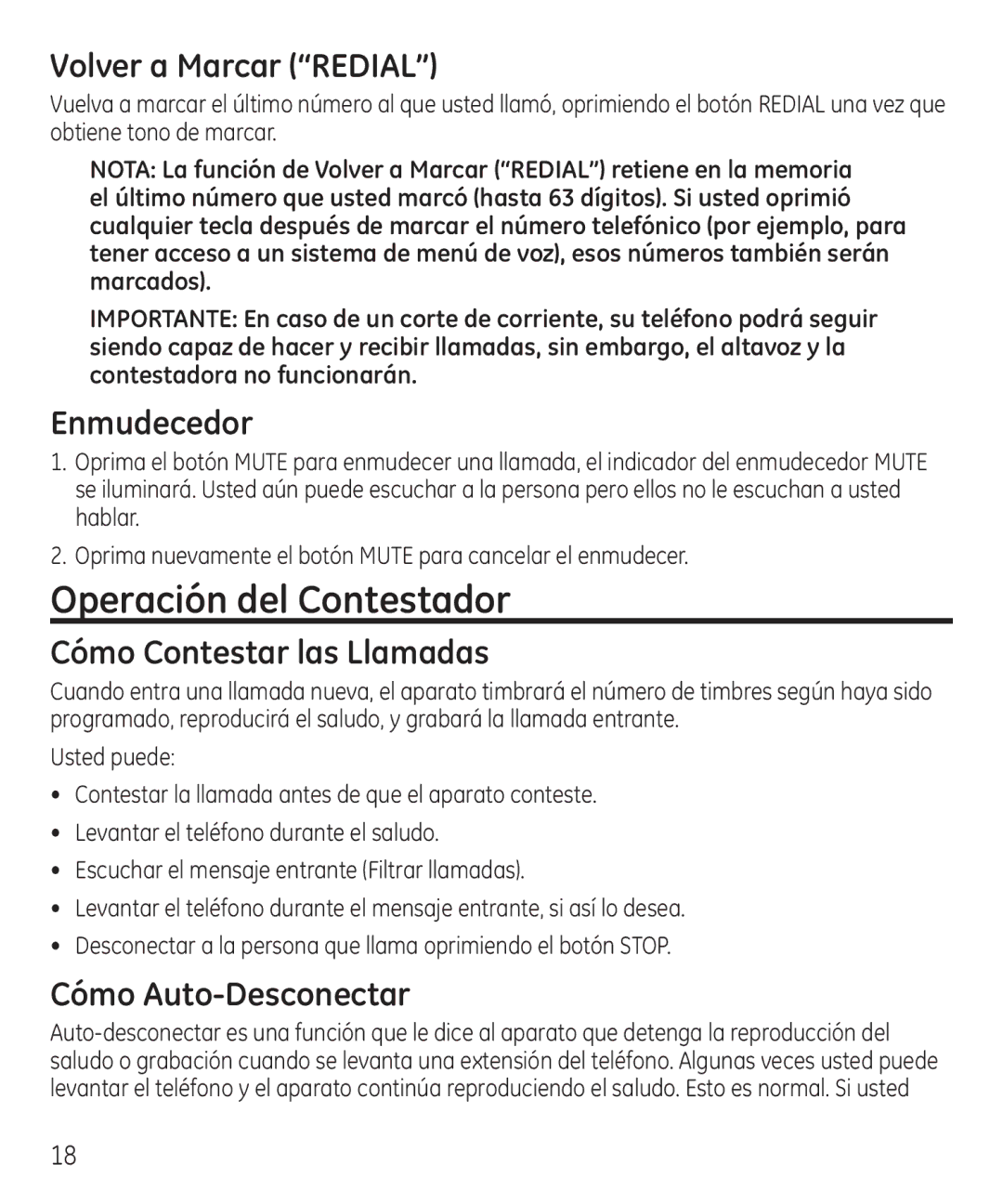 GE 55927740 manual Operación del Contestador, Volver a Marcar Redial, Enmudecedor, Cómo Contestar las Llamadas 