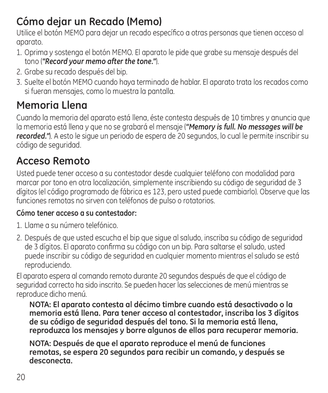 GE 55927740 manual Cómo dejar un Recado Memo, Memoria Llena, Acceso Remoto, Cómo tener acceso a su contestador 