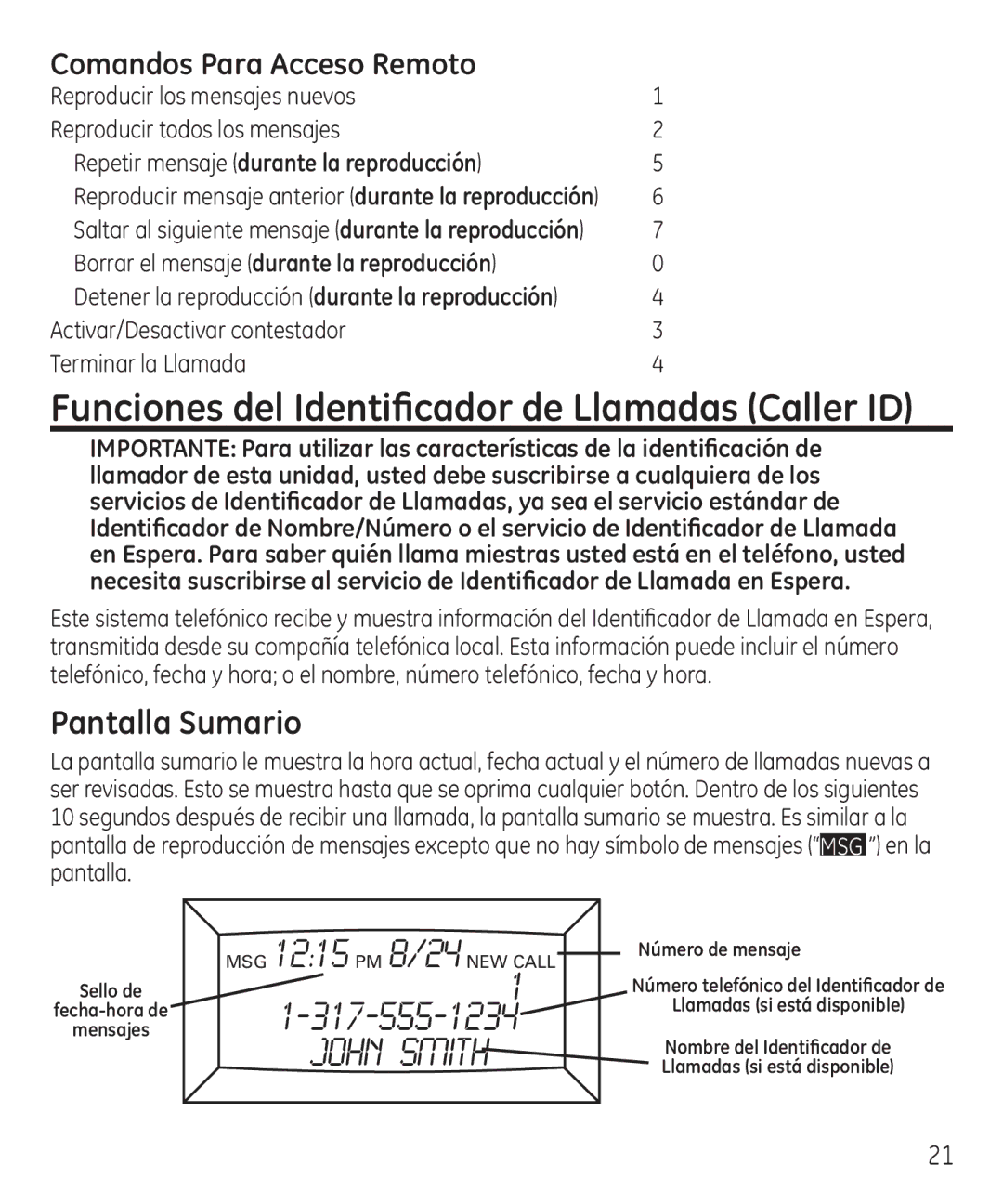 GE 55927740 manual Pantalla Sumario, Repetir mensaje durante la reproducción, Borrar el mensaje durante la reproducción 