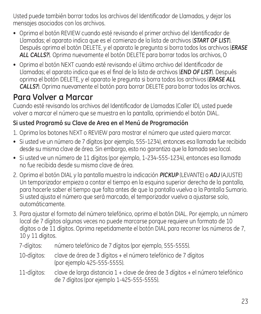 GE 55927740 manual Para Volver a Marcar, De 7 dígitos por ejemplo 