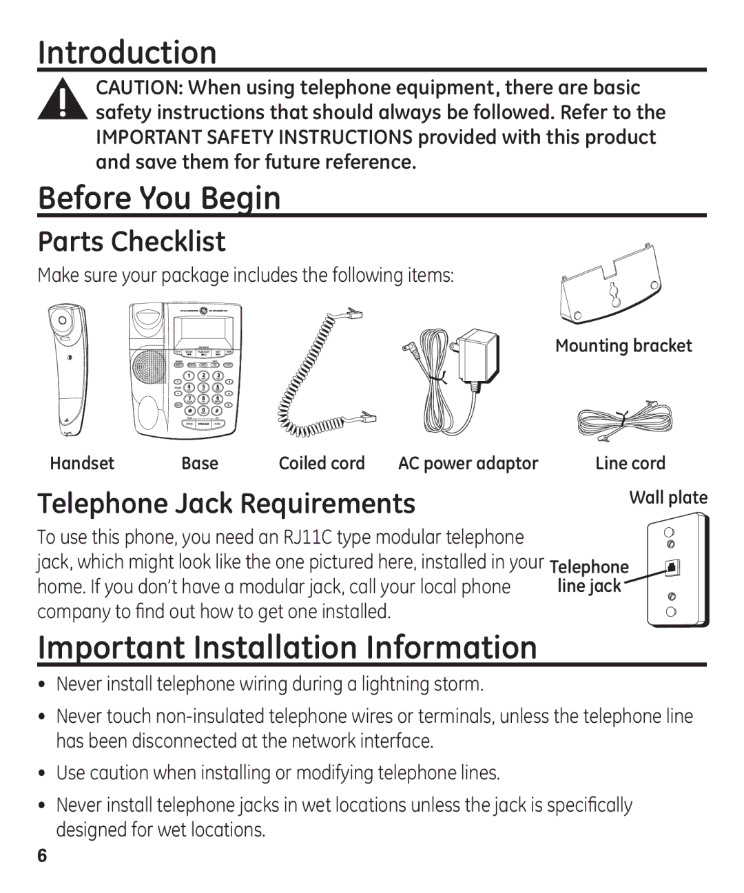 GE 55927740 Introduction Before You Begin, Parts Checklist, Telephone Jack Requirements, Wall plate Telephone Line jack 