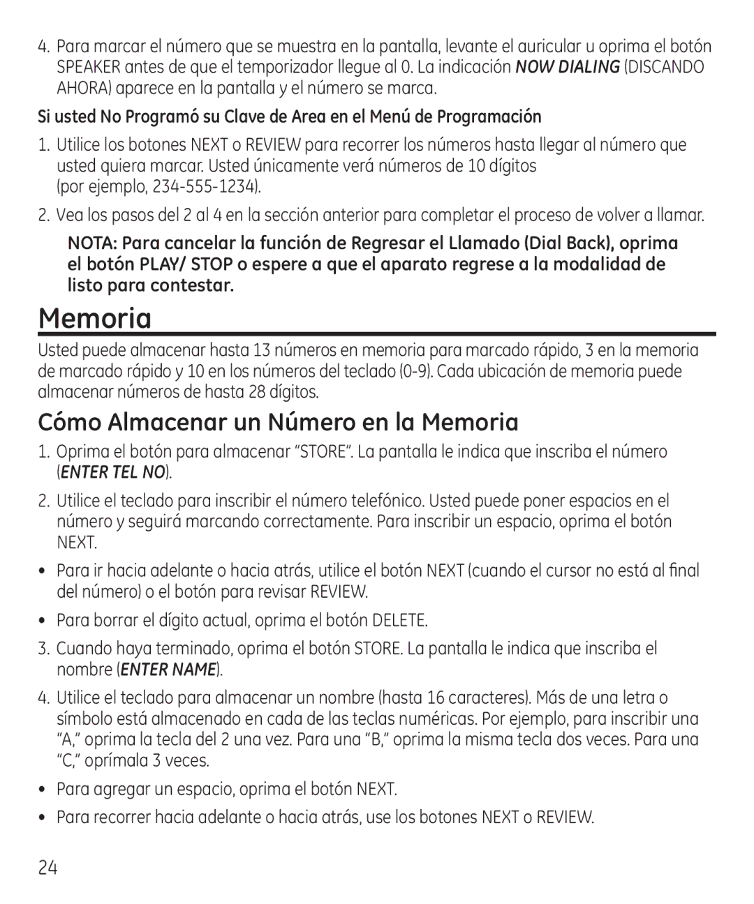 GE 55927740 manual Cómo Almacenar un Número en la Memoria 