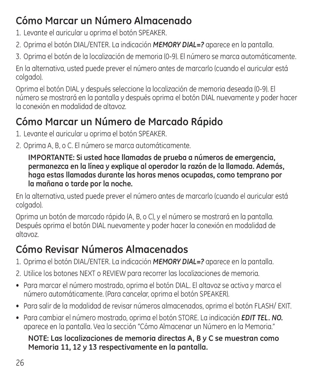 GE 55927740 Cómo Marcar un Número Almacenado, Cómo Marcar un Número de Marcado Rápido, Cómo Revisar Números Almacenados 