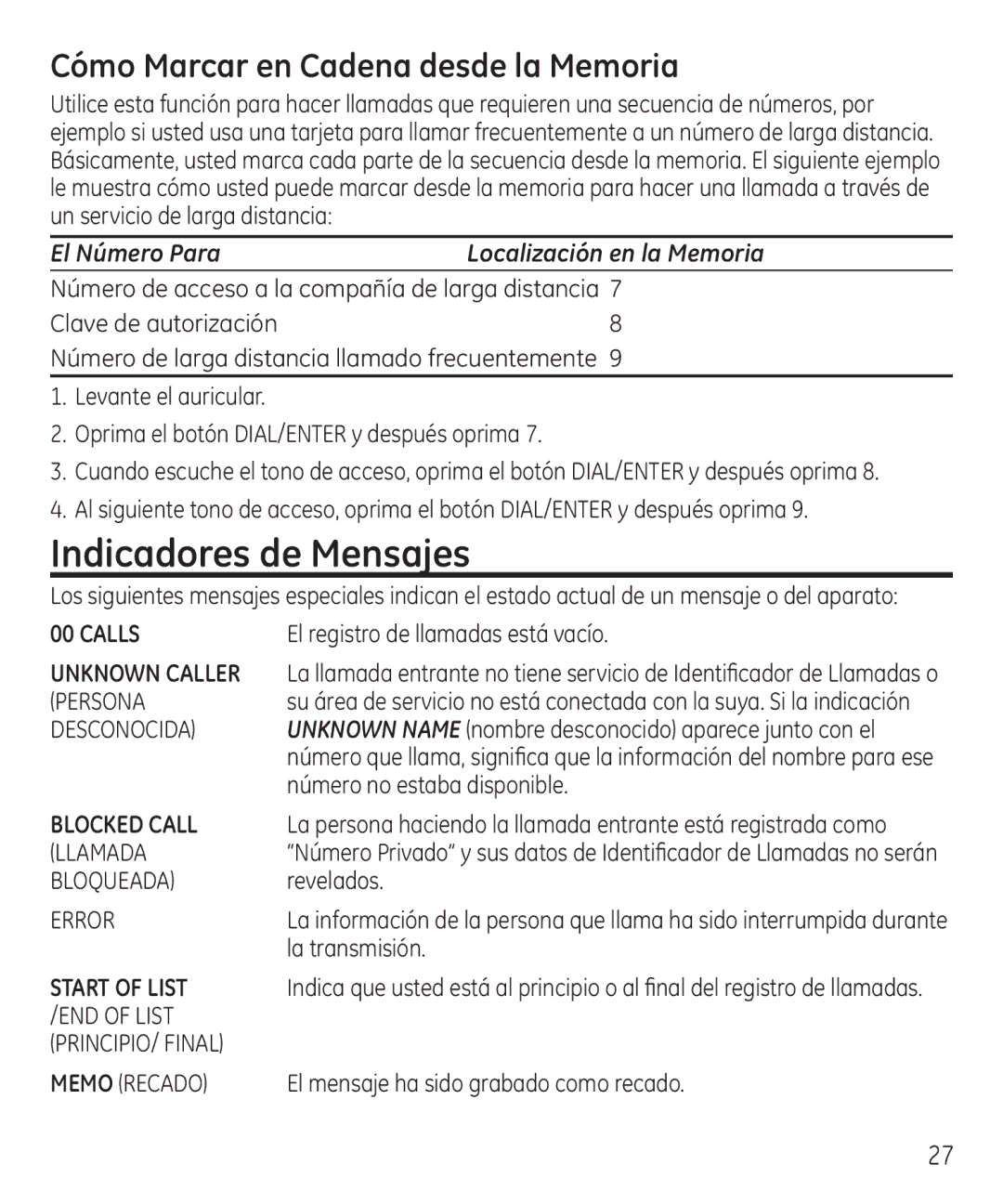 GE 55927740 manual Indicadores de Mensajes, Cómo Marcar en Cadena desde la Memoria 