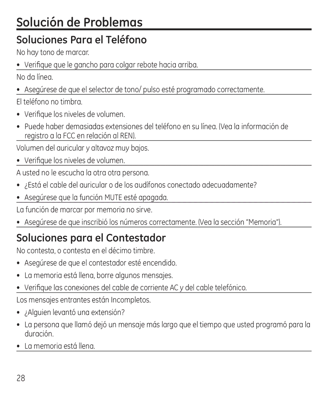 GE 55927740 manual Solución de Problemas, Soluciones Para el Teléfono, Soluciones para el Contestador 