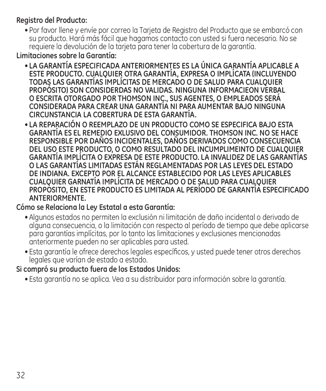 GE 55927740 manual Registro del Producto, Limitaciones sobre la Garantía, Si compró su producto fuera de los Estados Unidos 