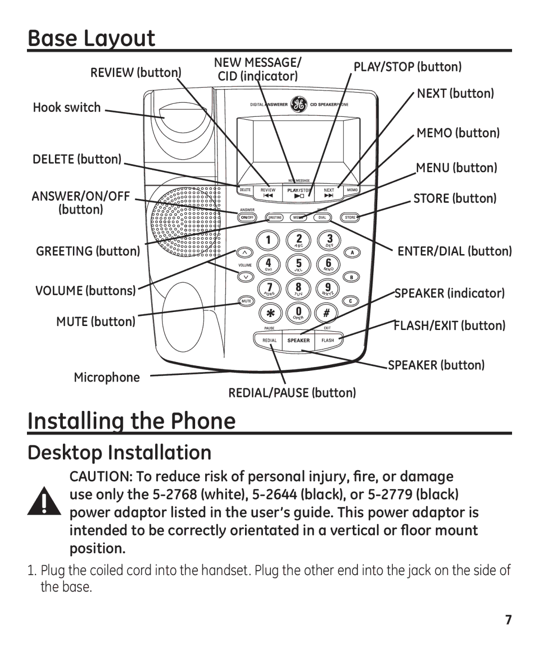 GE 55927740 manual Base Layout, Installing the Phone, Desktop Installation 