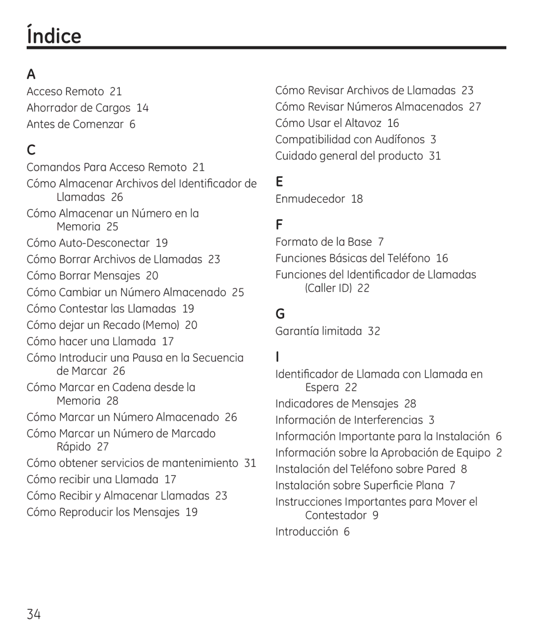 GE 55927740 manual Índice 