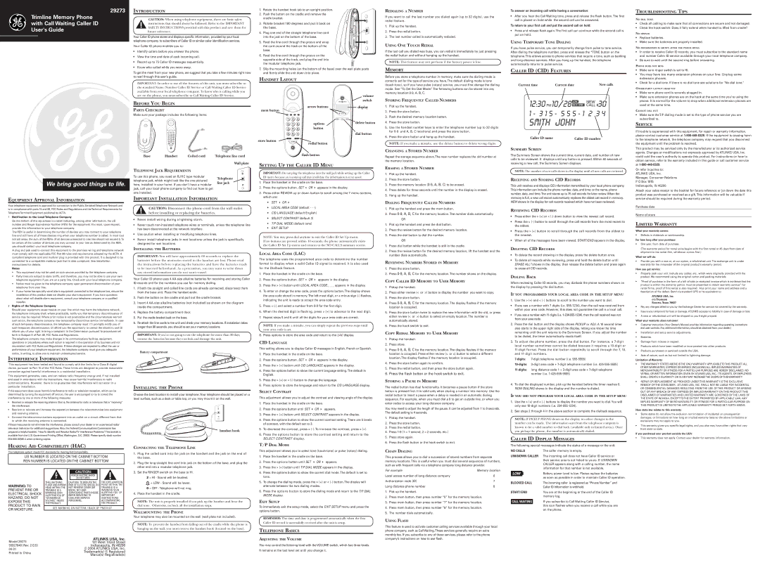 GE 29273 warranty Introduction, Before YOU Begin, Handset Layout, Memory, Caller ID CID Features, Troubleshooting Tips 