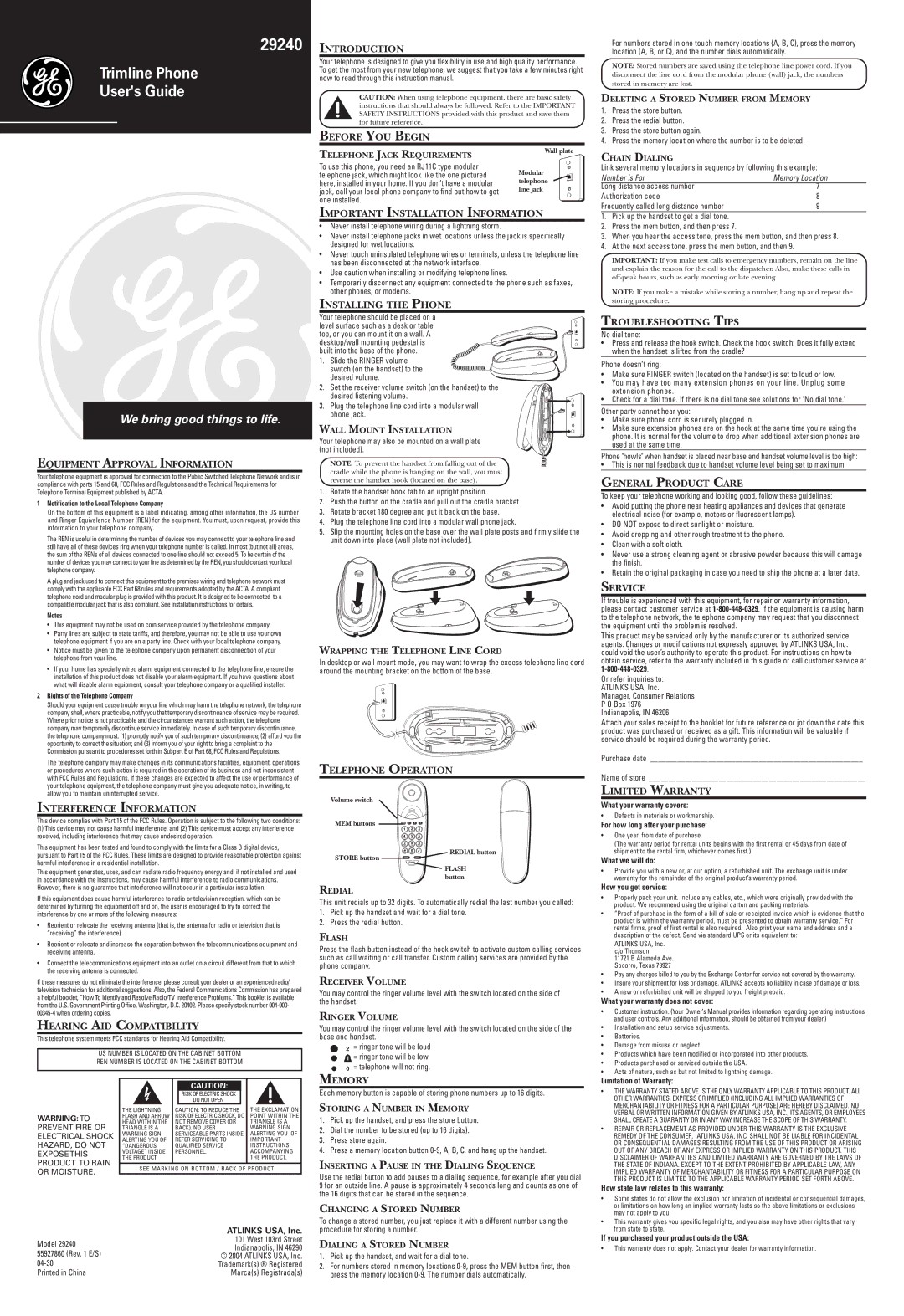 GE 55927860 warranty Equipment Approval Information, Interference Information, Hearing AID Compatibility, Service, Memory 