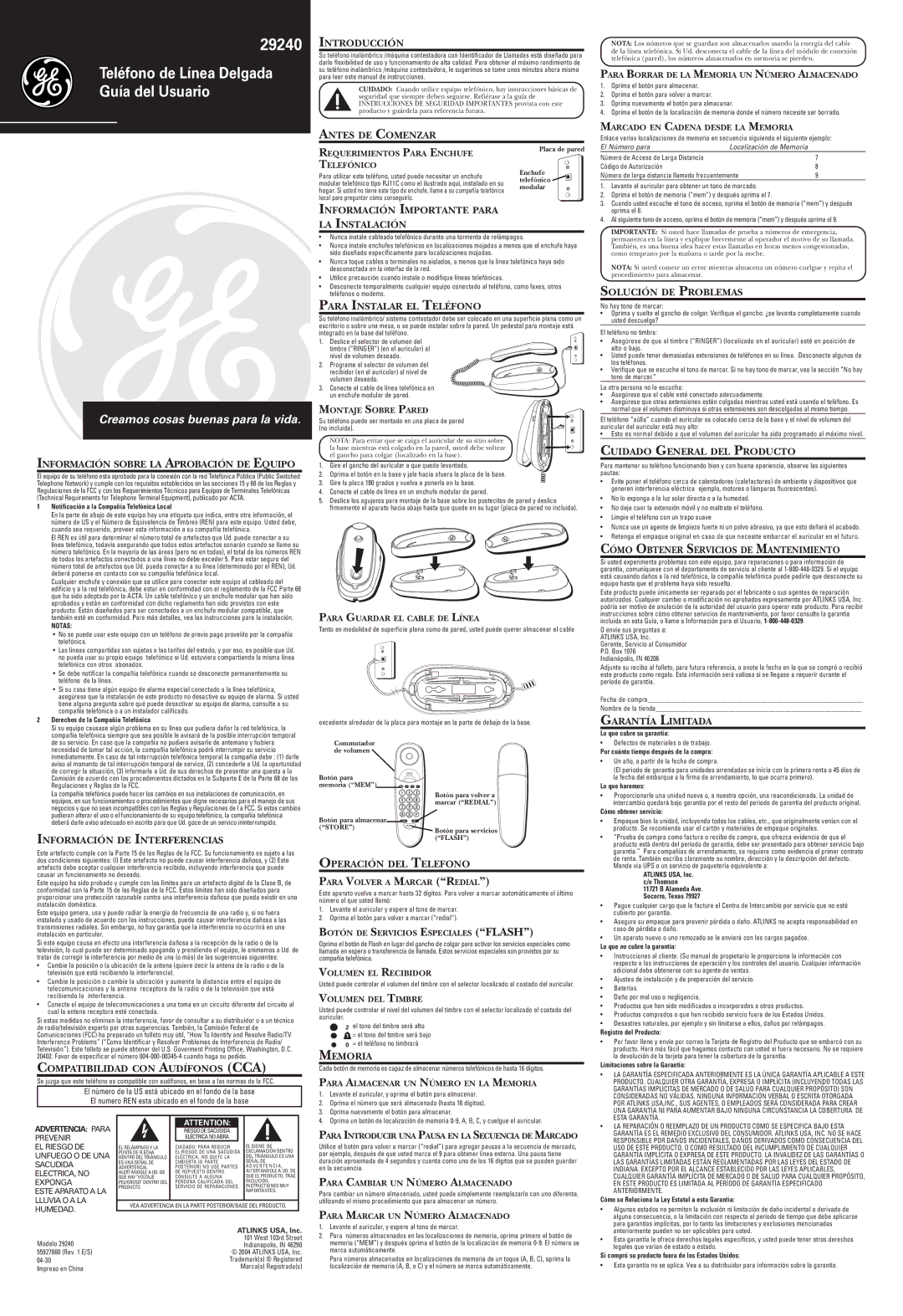 GE 55927860 Información Sobre LA Aprobación DE Equipo, Introducción, Antes DE Comenzar, Para Instalar EL Teléfono, Memoria 