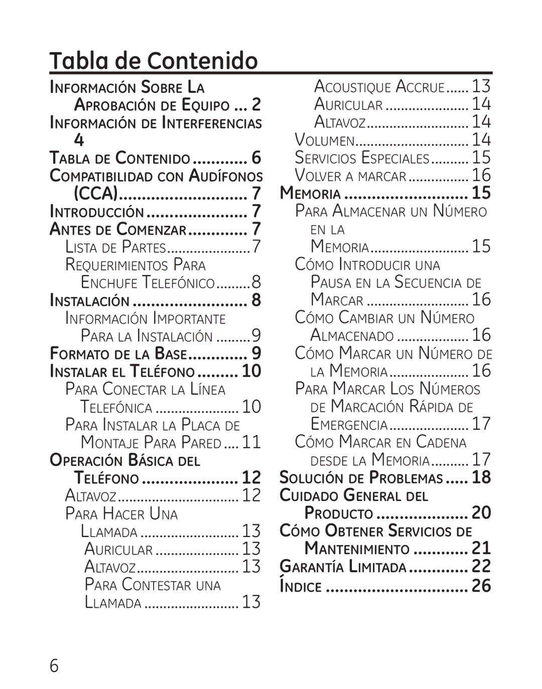 GE 568, 00018558 manual Tabla de Contenido, Teléfono, Producto, Mantenimiento 