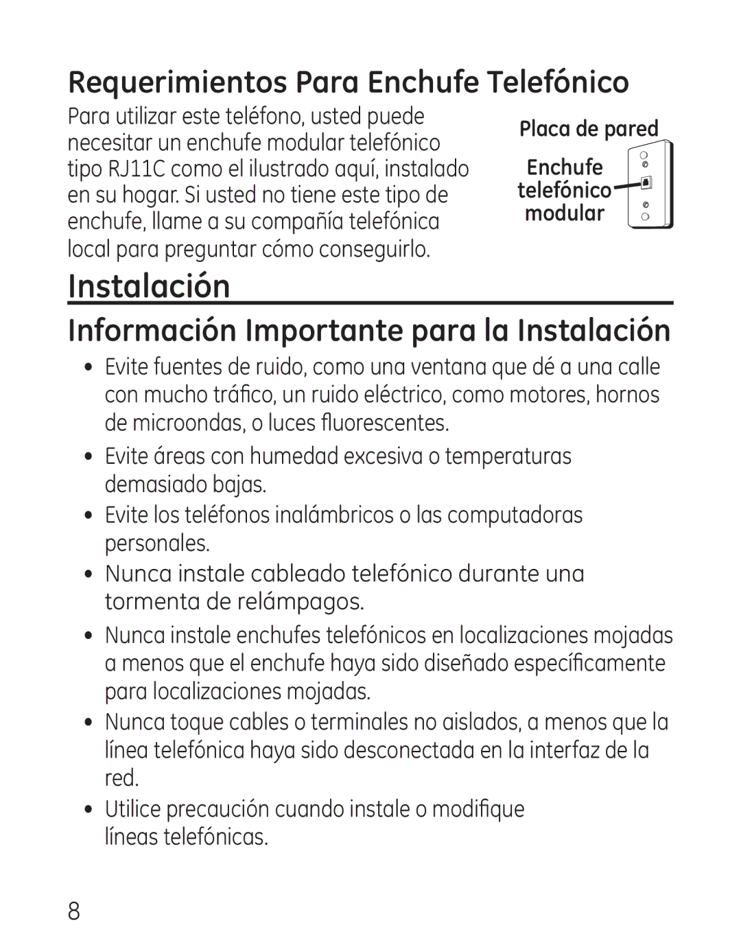 GE 568, 00018558 manual Requerimientos Para Enchufe Telefónico, Información Importante para la Instalación 