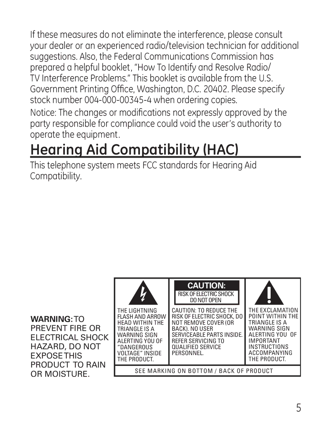 GE 00018558, 568 manual Hearing Aid Compatibility HAC, Do not Open Lightning 