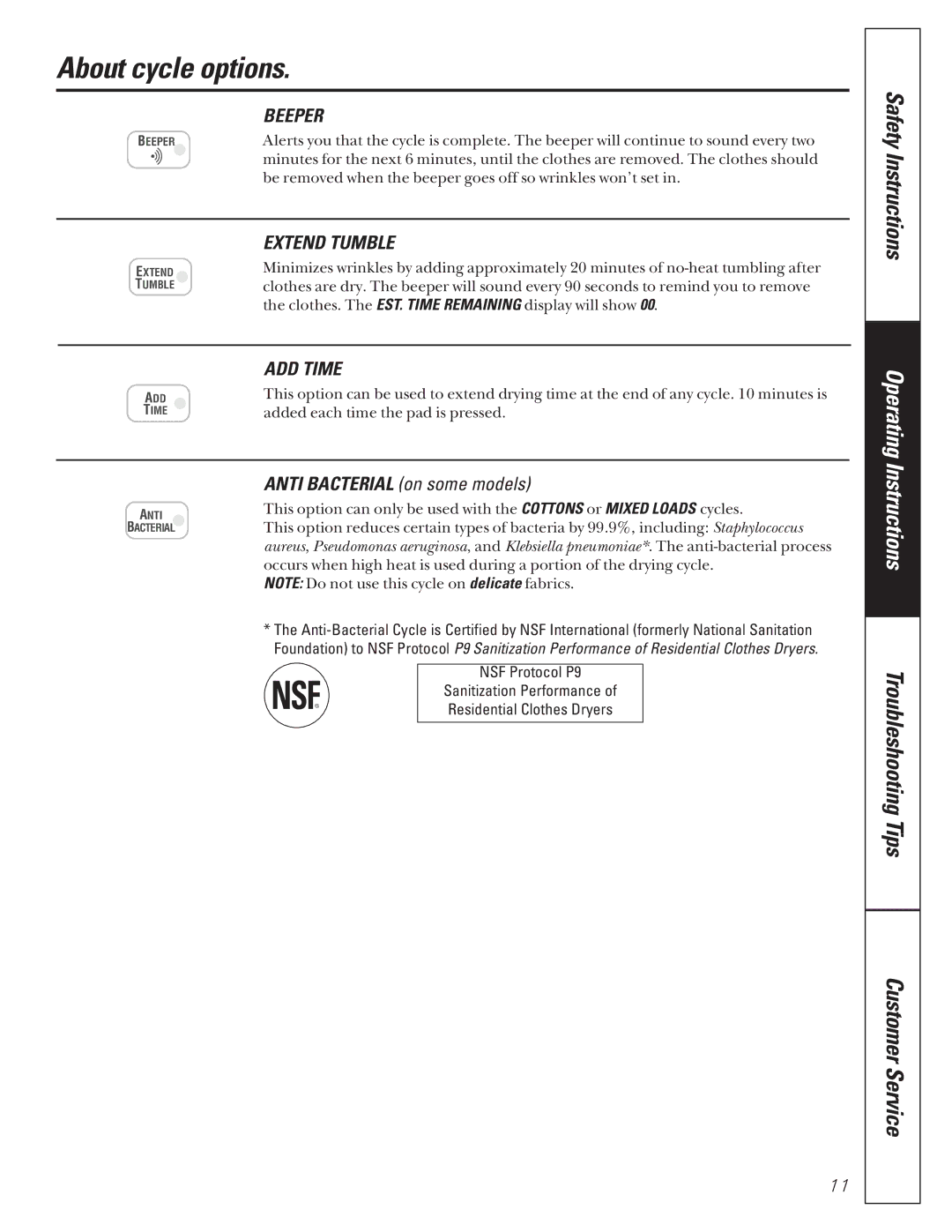 GE 591, 592 operating instructions About cycle options, Beeper, Extend Tumble, ADD Time 