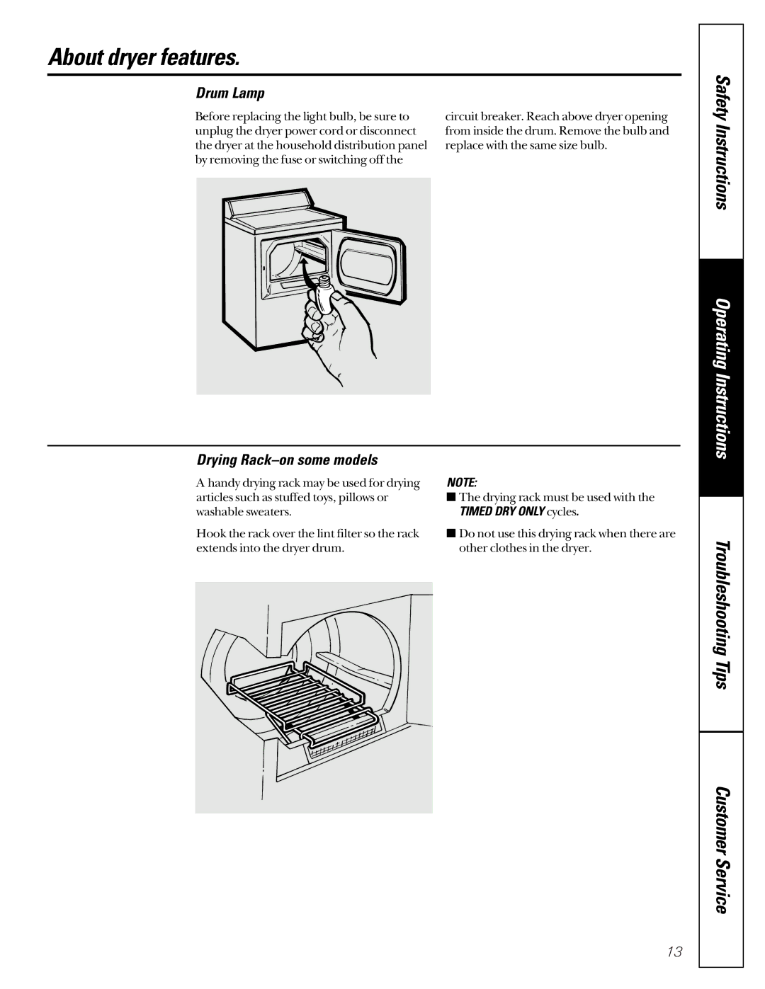 GE 591, 592 operating instructions About dryer features, Drum Lamp, Drying Rack-on some models 