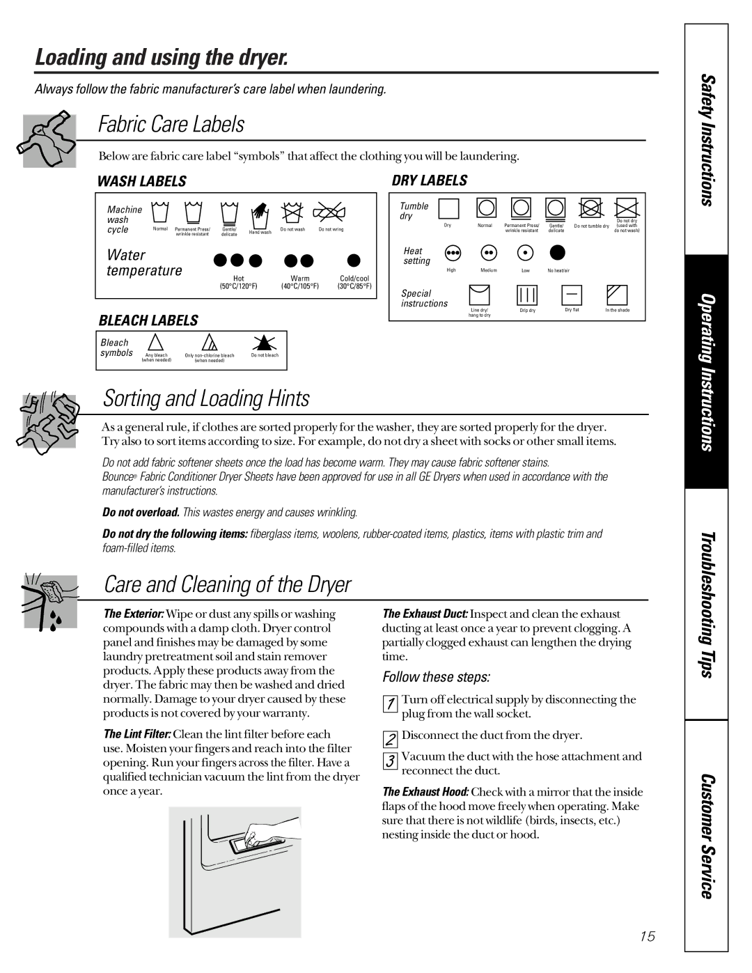 GE 591, 592 operating instructions Loading and using the dryer, Tips Customer Service, Wash Labels DRY Labels, Bleach Labels 