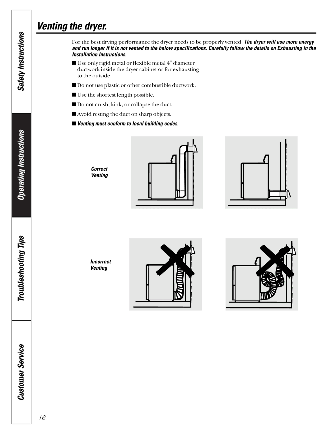 GE 592, 591 operating instructions Venting the dryer 