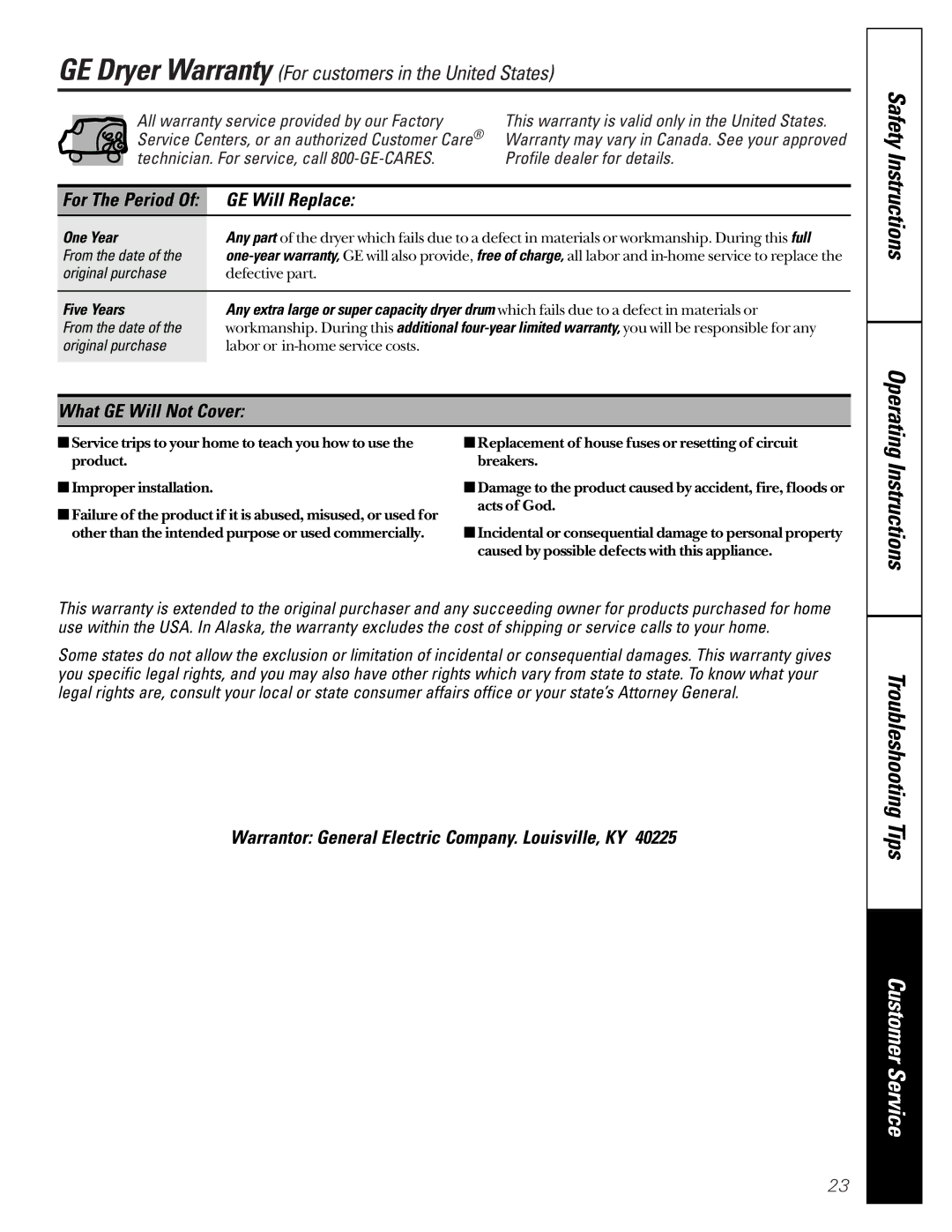 GE 591, 592 GE Will Replace, What GE Will Not Cover, Warrantor General Electric Company. Louisville, KY, One Year 