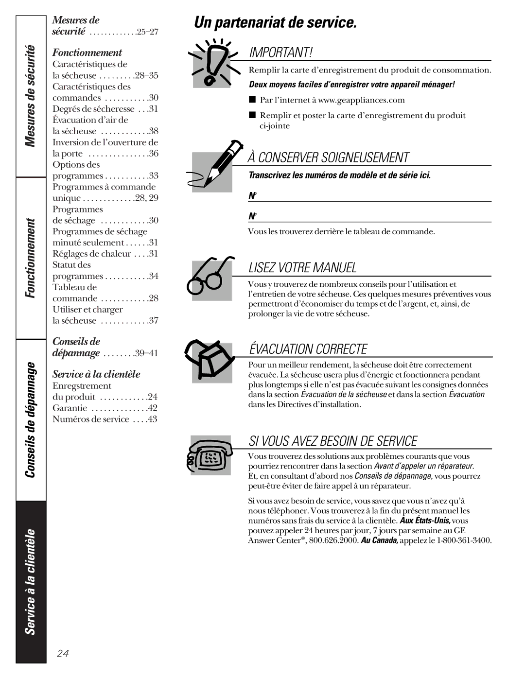 GE 592, 591 operating instructions Un partenariat de service, Mesures de sécurité Fonctionnement Conseils de dépannage 