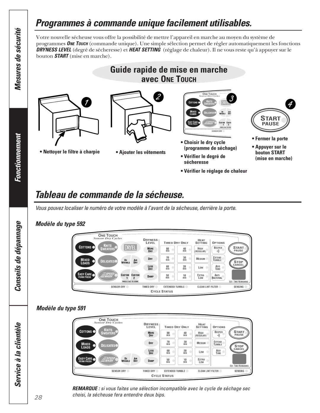 GE 592, 591 Programmes à commande unique facilement utilisables, Tableau de commande de la sécheuse, Mesures de sécurité 