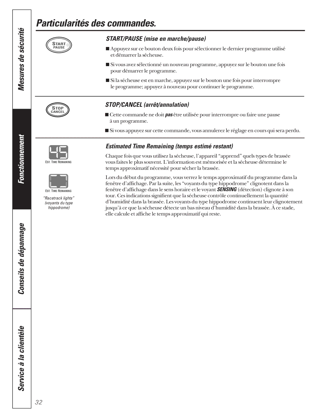 GE 592, 591 Particularités des commandes, De sécurité, START/PAUSE mise en marche/pause, STOP/CANCEL arrêt/annulation 