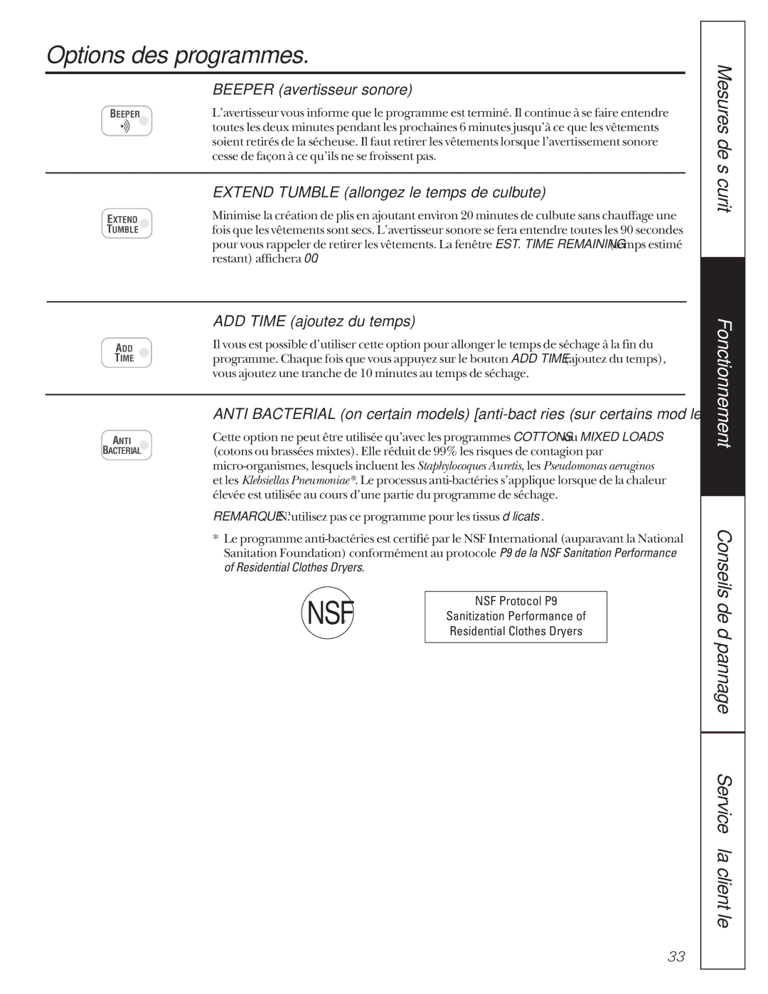 GE 591, 592 Options des programmes, Beeper avertisseur sonore, Extend Tumble allongez le temps de culbute 