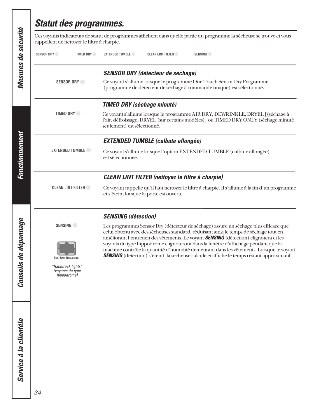 GE 592, 591 operating instructions Statut des programmes 