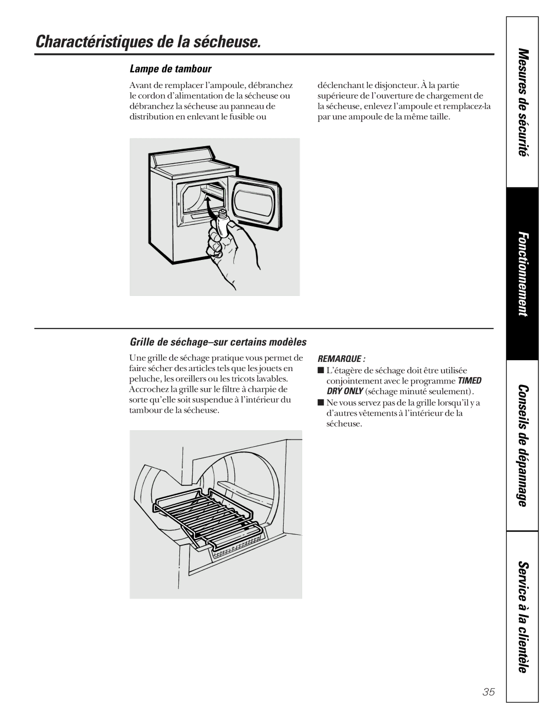 GE 591, 592 Charactéristiques de la sécheuse, Lampe de tambour, Grille de séchage-sur certains modèles 