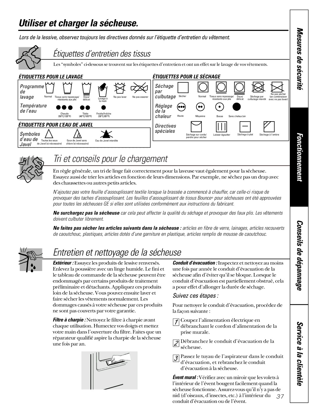 GE 591, 592 operating instructions Utiliser et charger la sécheuse, Mesures de 