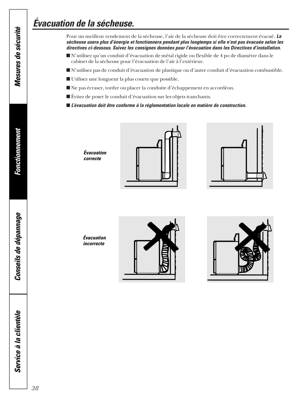 GE 592, 591 operating instructions Évacuation de la sécheuse 