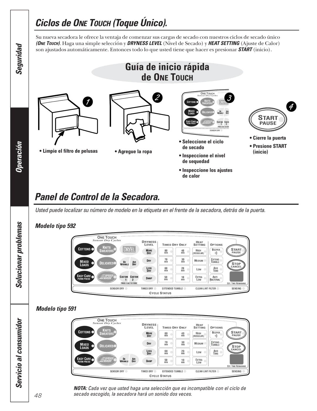 GE 592, 591 operating instructions Ciclos de ONE Touch Toque Único, Panel de Control de la Secadora, Seguridad, Modelo tipo 