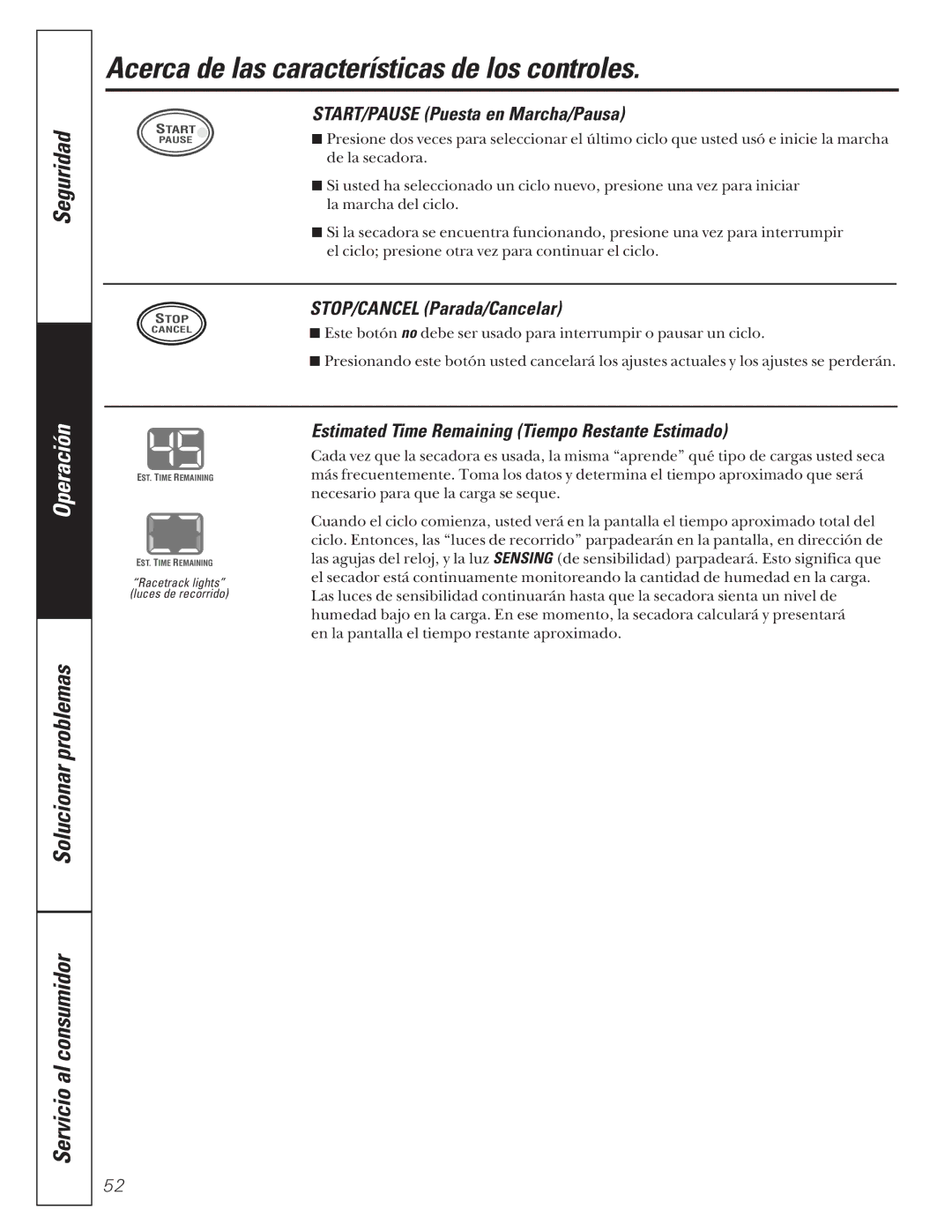 GE 592 Acerca de las características de los controles, START/PAUSE Puesta en Marcha/Pausa, STOP/CANCEL Parada/Cancelar 